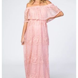 Pink Blush Maternity Pink Lace Overlay Off Shoulder Flounce Maxi Dress